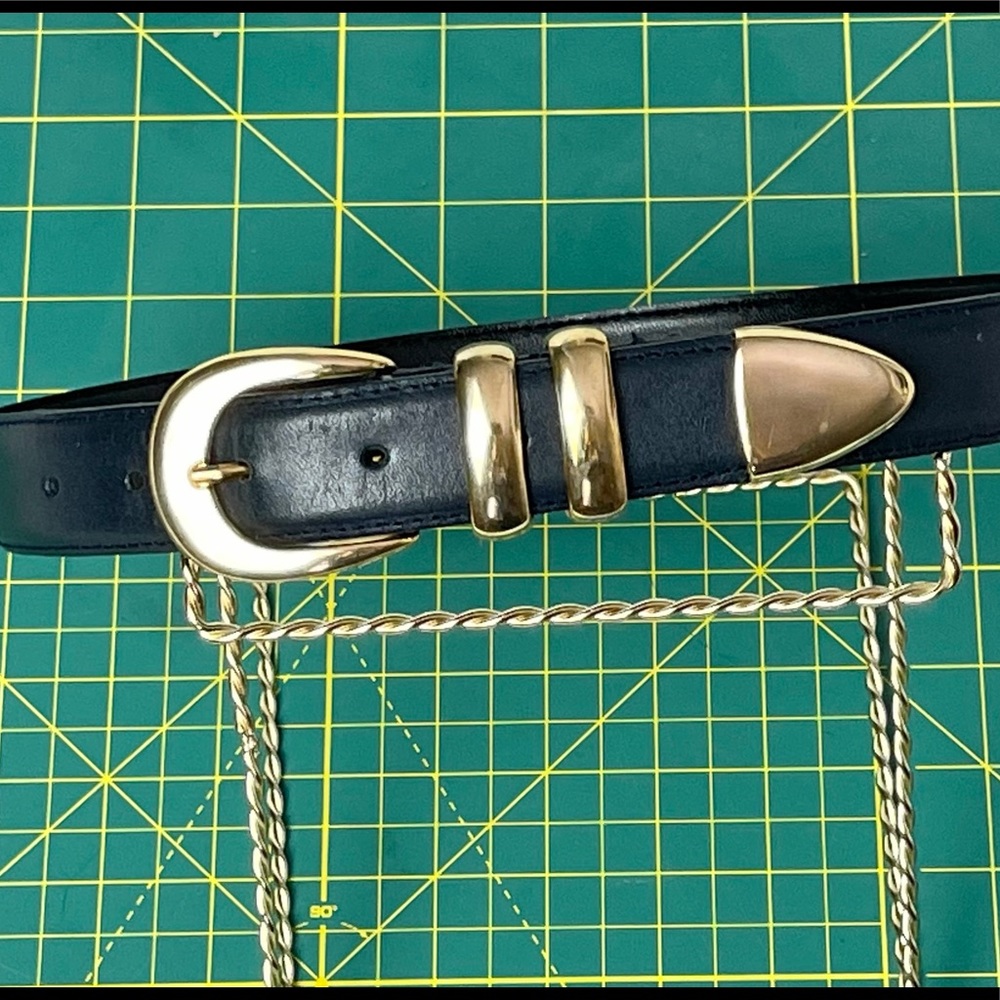 Vintage Leather Blue & Gold Buckle Belt - Picture 2 of 9